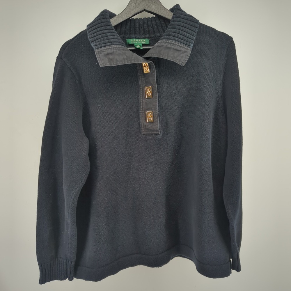 Lauren Ralph Lauren Women's Sweater 1X Black VTG LRL Noir Fold‎ over Green Label